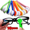 A set of ten colorful silicone cleaning tools and a green cleaning stick for eyeglasses.