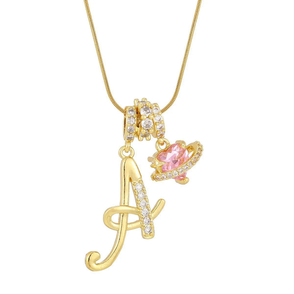 Gold letter A pendant necklace with a pink rose charm