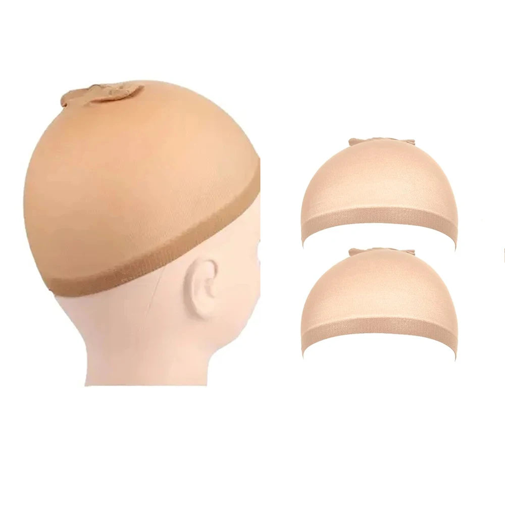 A set of two black nude wig caps shown on a mannequin head.