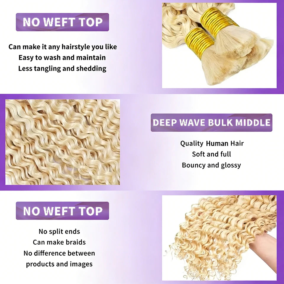 Bundle of light blonde wavy human hair braiding extensions shown in various styles and textures