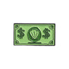 A green enamel pin featuring a dollar sign and a leaf design.