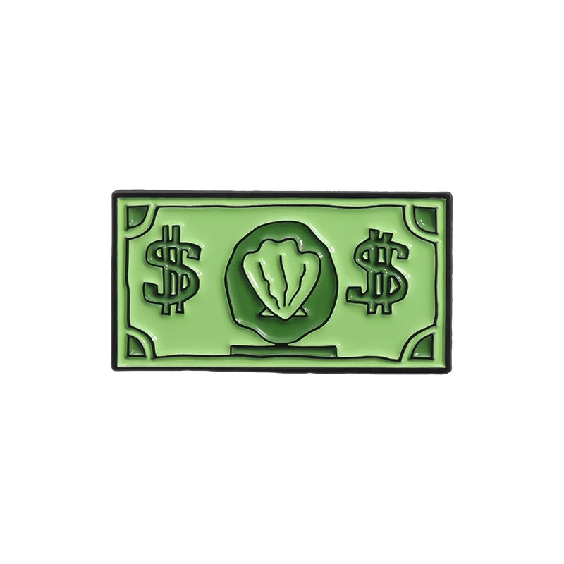 A green enamel pin featuring a dollar sign and a leaf design.