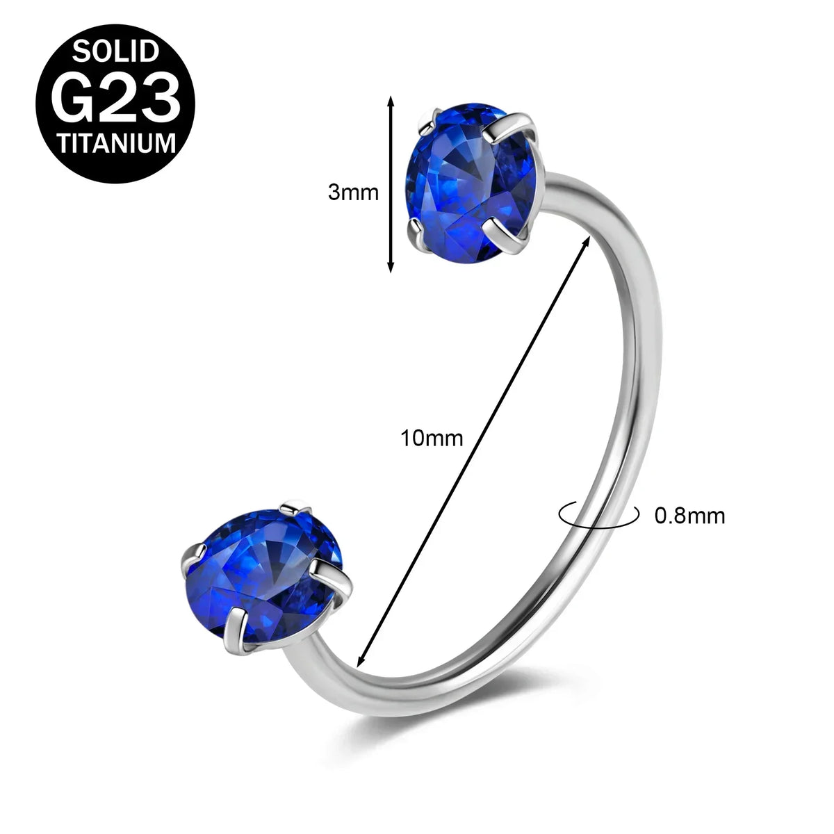 A sterling silver titanium nose ring featuring a round blue crystal gemstone.