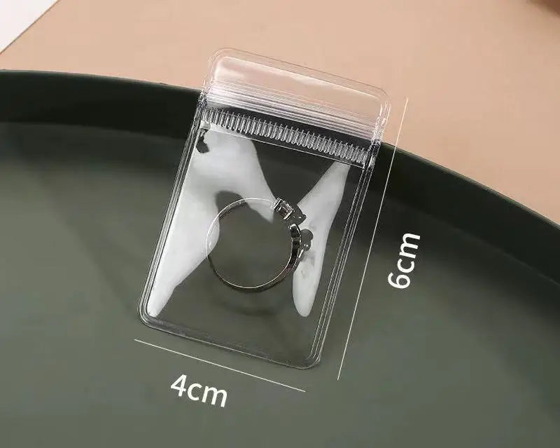 A clear self-sealing jewelry storage pouch containing a silver ring, shown on a dark gray plate.