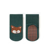 A pair of dark green socks featuring a cartoon fox face design.