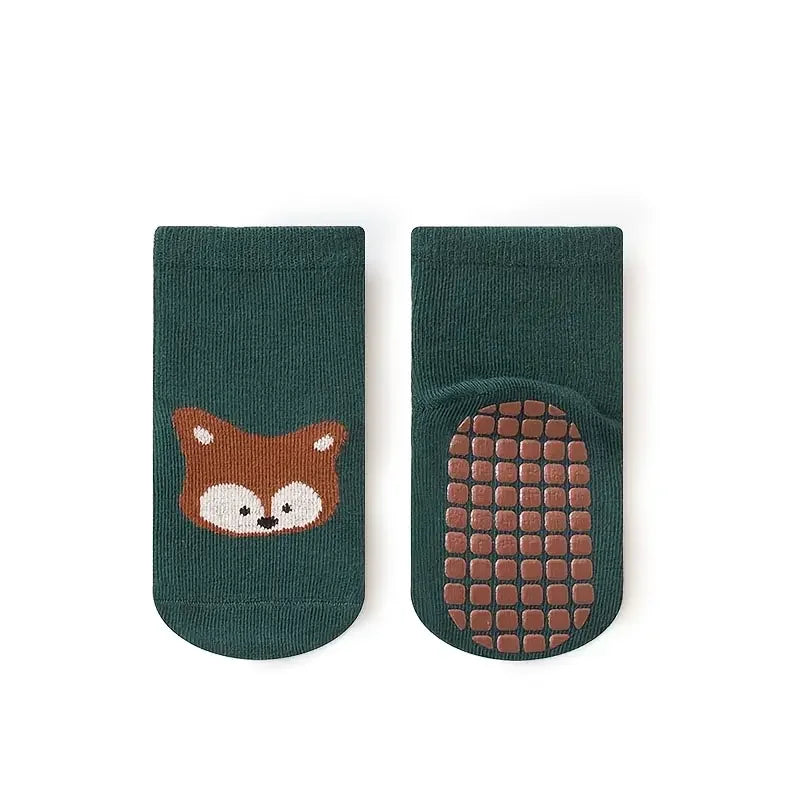A pair of dark green socks featuring a cartoon fox face design.