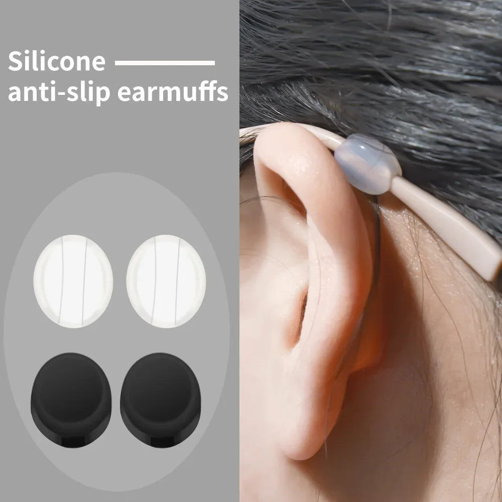 Pair of silicone anti-slip earmuffs shown next to a person's ear, demonstrating the product for glasses.