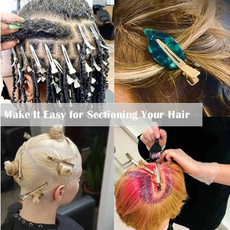 Close-up of professional fixed hair pins being used to section and style blonde hair.