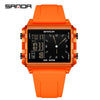 An orange digital wristwatch with a square display and orange strap.