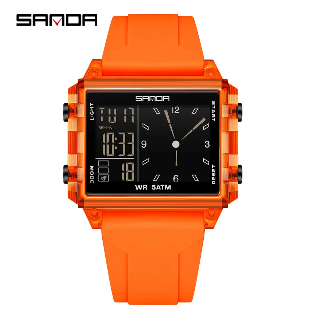 An orange digital wristwatch with a square display and orange strap.