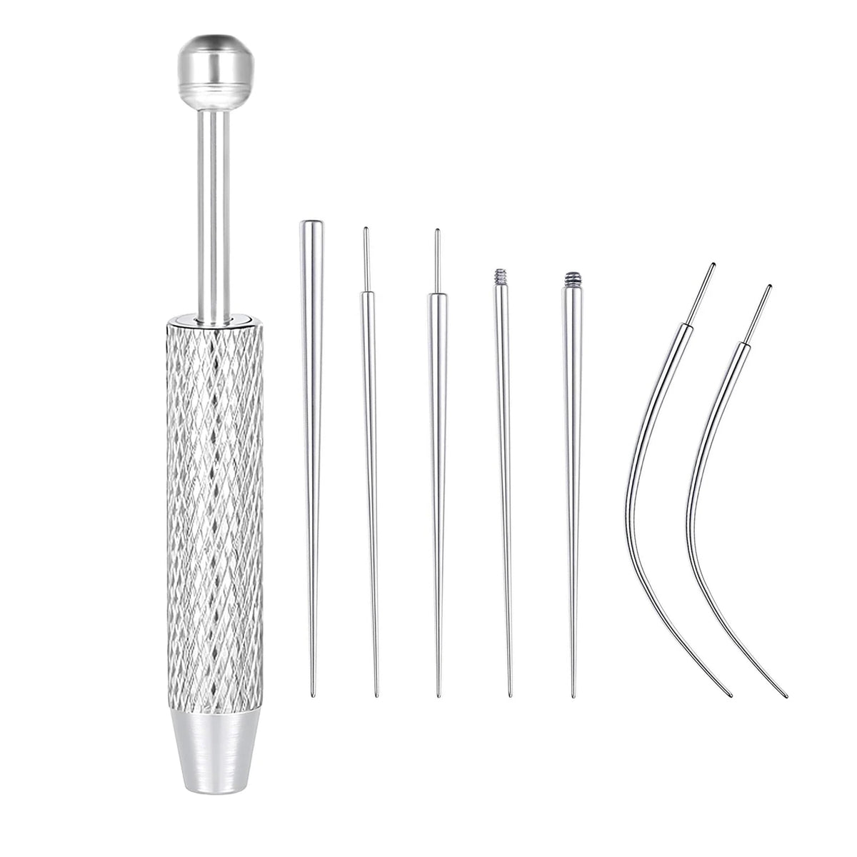 A set of titanium piercing tools including a nose stud, lip ring, and cartilage piercing tool.
