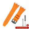 Orange silicone watch band with a quick release buckle and metal pins for replacement