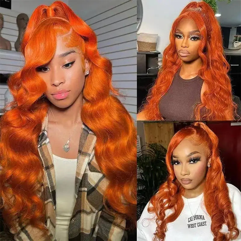 A woman modeling a long, loose wave orange wig with an orange-red hair color and lace front.