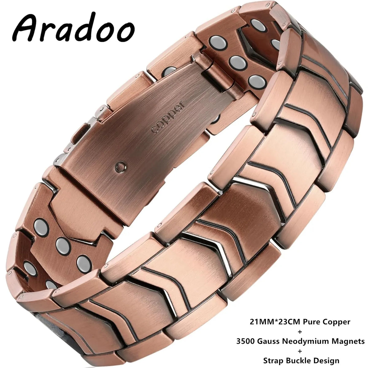 A copper magnetic bracelet featuring a strap buckle design and neodymium magnets.