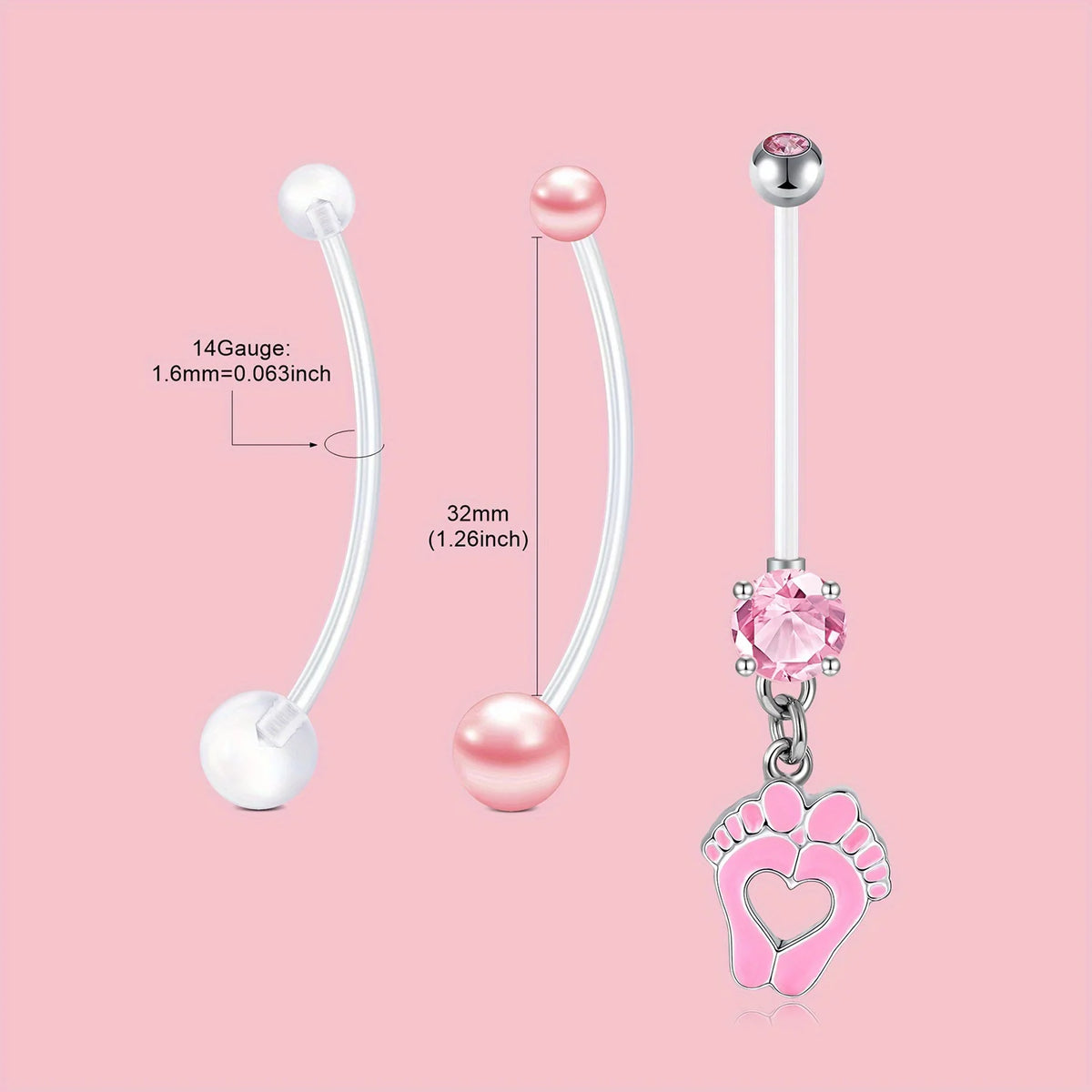 A set of elegant belly button rings featuring a silver-toned chain and pink pearl accents.