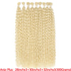 A bundle of long curly hair extensions in a light blonde color