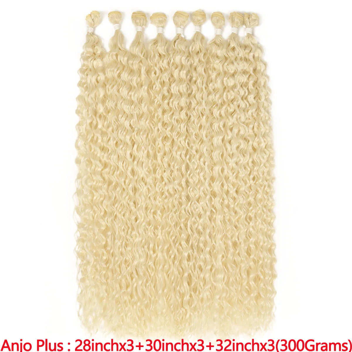 A bundle of long curly hair extensions in a light blonde color