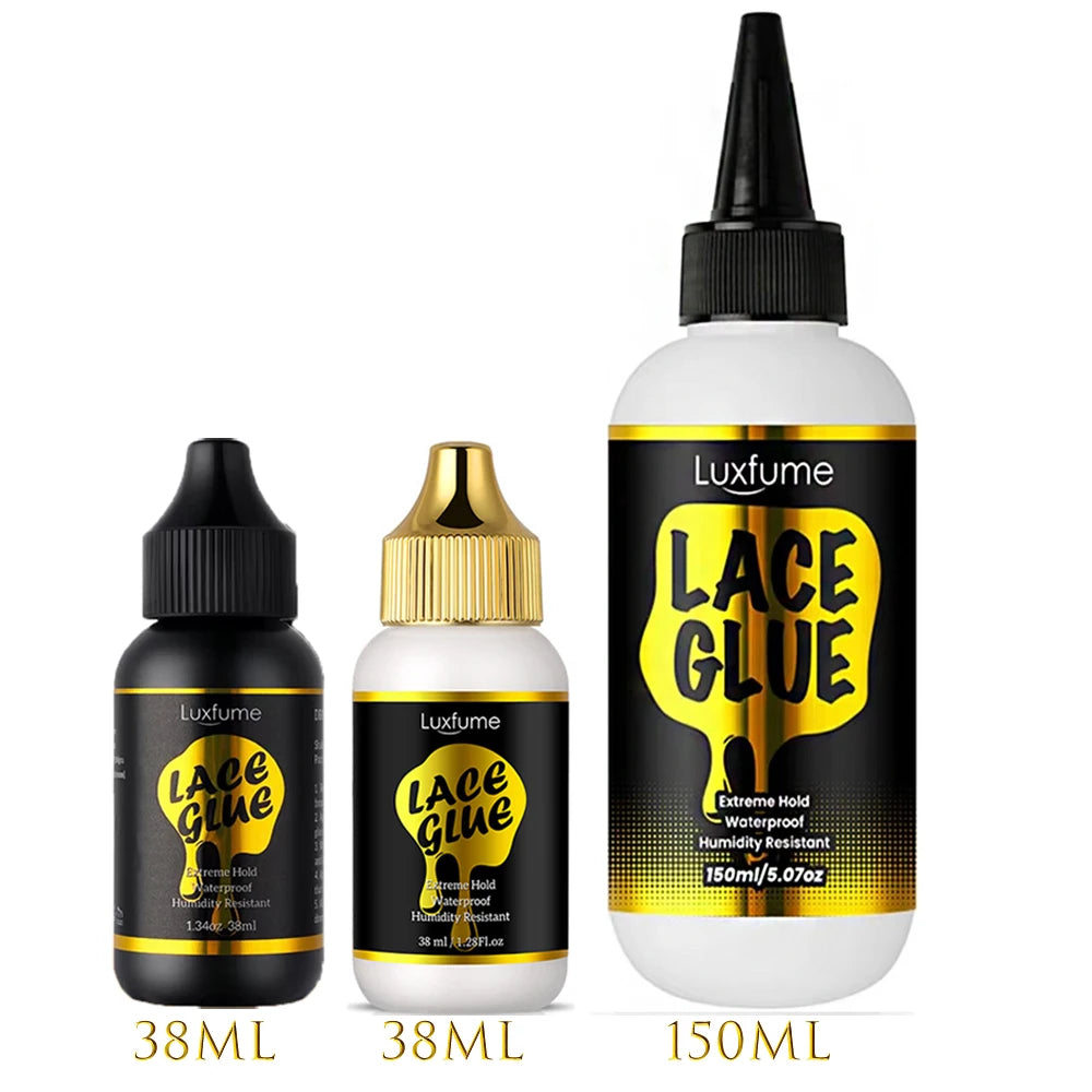 Eine Flasche Luxfume Lace Glue Gel in einer schwarzen Tropfenflasche mit gelber Etikette und eine große Flasche des gleichen 