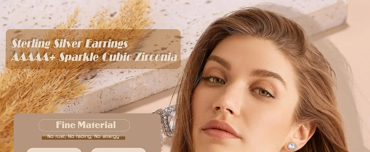 Close-up of a woman wearing sterling silver earrings with sparkle cubic zirconia against a light background.
