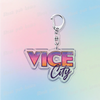Silver pendant keychain featuring the text VICE City in a stylized, colorful font.