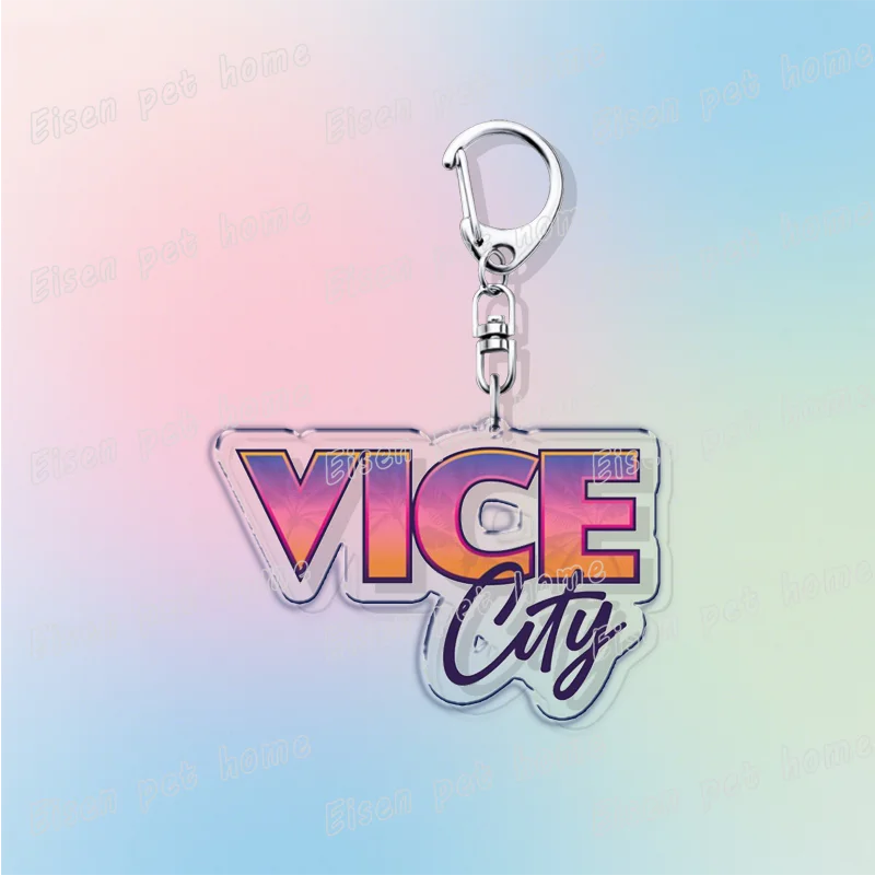 Silver pendant keychain featuring the text VICE City in a stylized, colorful font.
