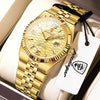 A gold-toned luxury quartz wristwatch with a gold bracelet and black strap is displayed in a light-colored box.