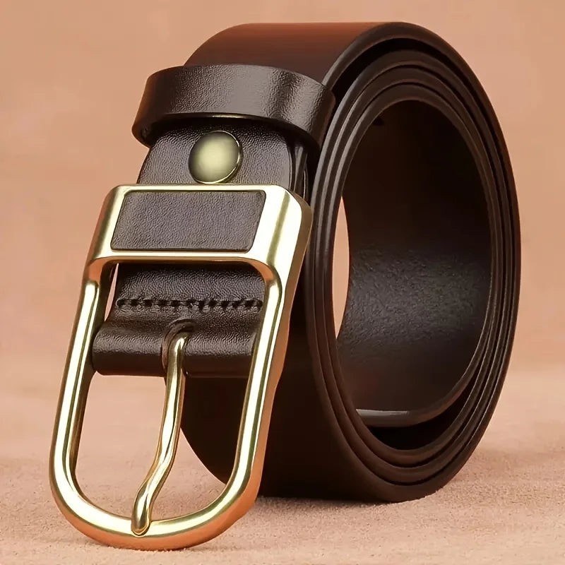 A dark brown men's coboy style PU leather belt with a brass buckle shown rolled up.