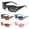 A set of vintage butterfly wrap sunglasses shown in black, brown, blue, and pink tones.