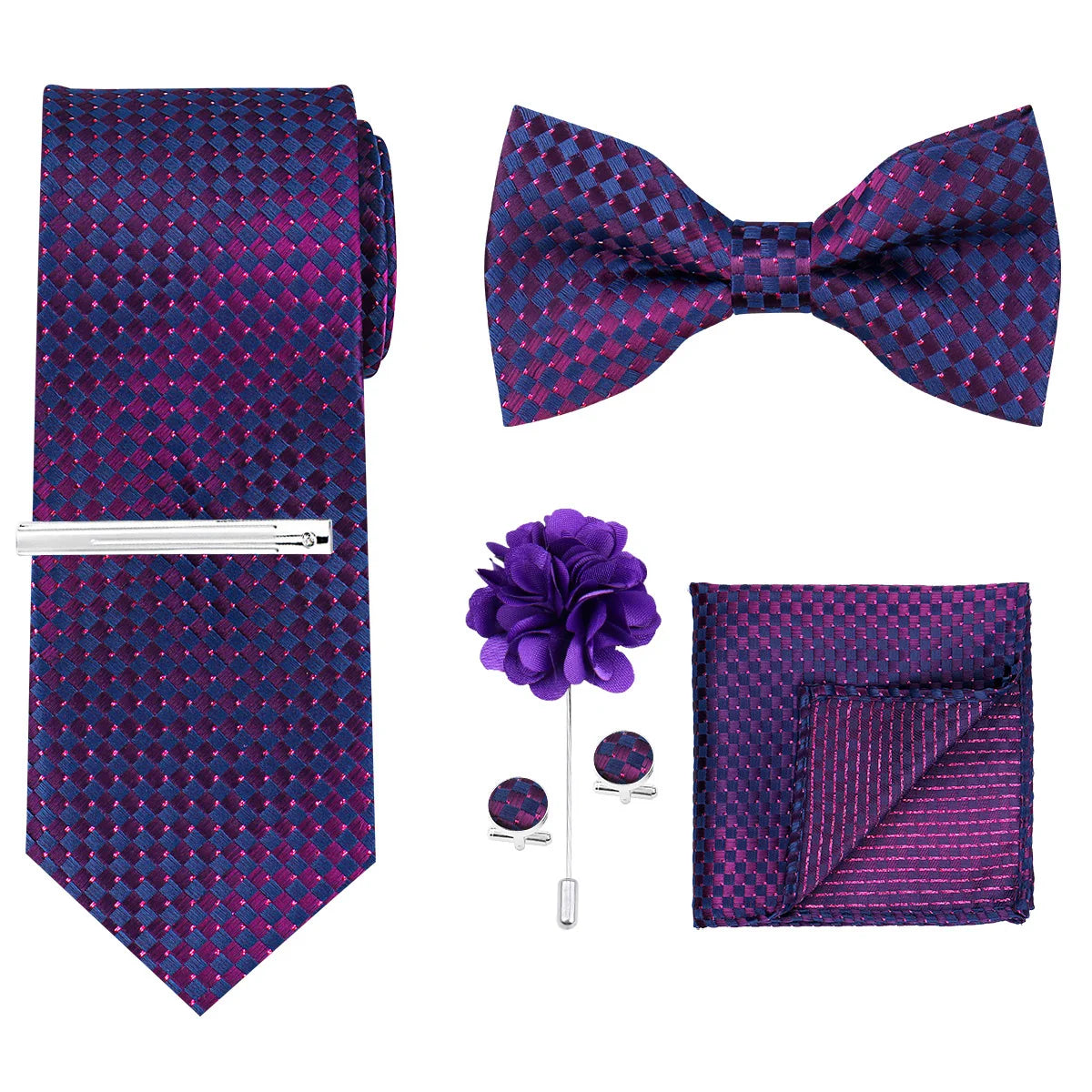A purple patterned necktie and matching bow tie with a silver tie bar and a purple fabric flower