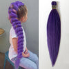 A young girl is shown braiding long purple hair into a ponytail, with a purple hair extension displayed on the right.