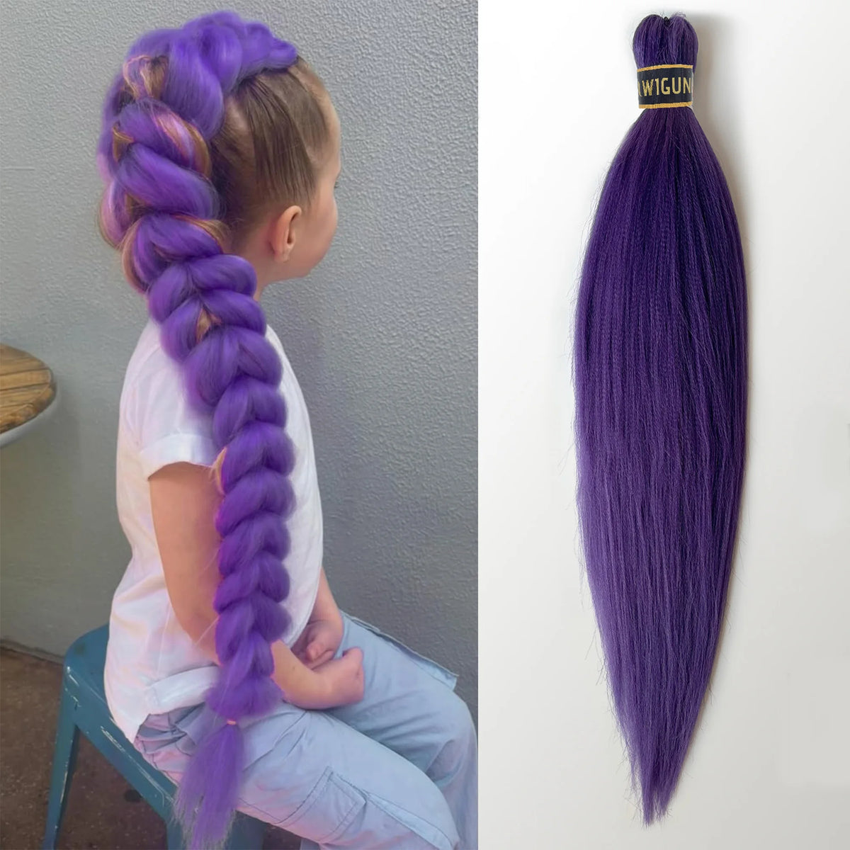 A young girl is shown braiding long purple hair into a ponytail, with a purple hair extension displayed on the right.