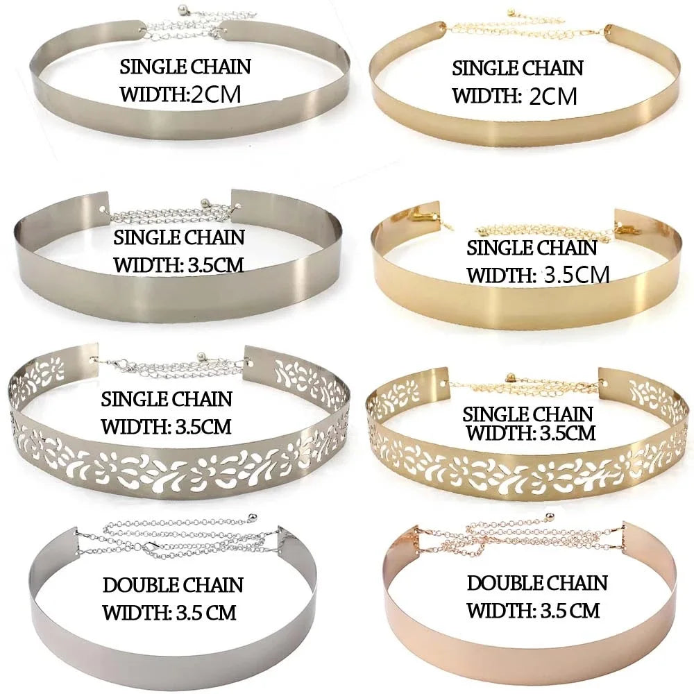 Divers styles de ceintures et chaînes métalliques à la taille en argent, or et or rose.