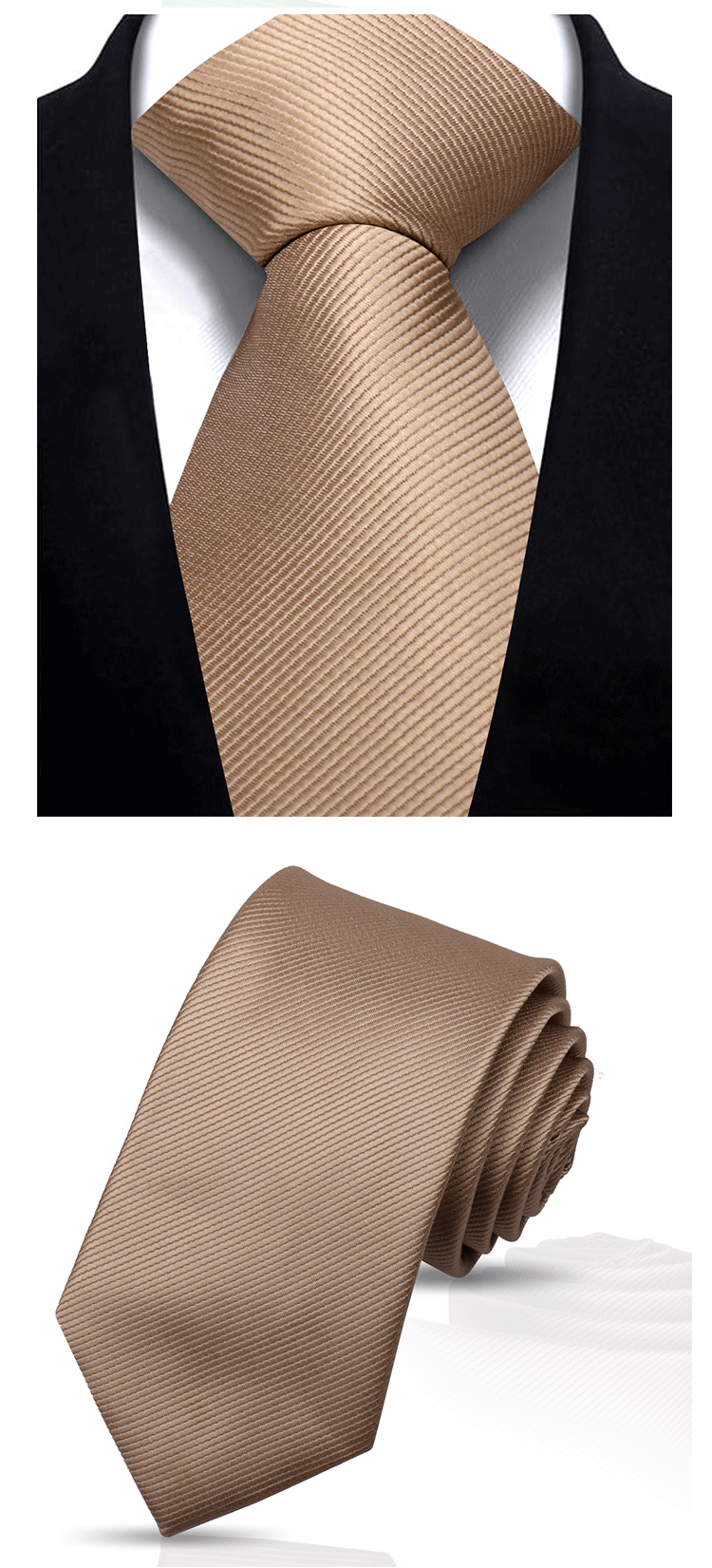 Nahaufnahme einer beige gestreiften Krawatte, zu einem Knoten gebunden, vor einem schwarzen Hemdkragen.