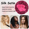 A pink leopard print satin sleep bonnet shown alongside models displaying various hairstyles.