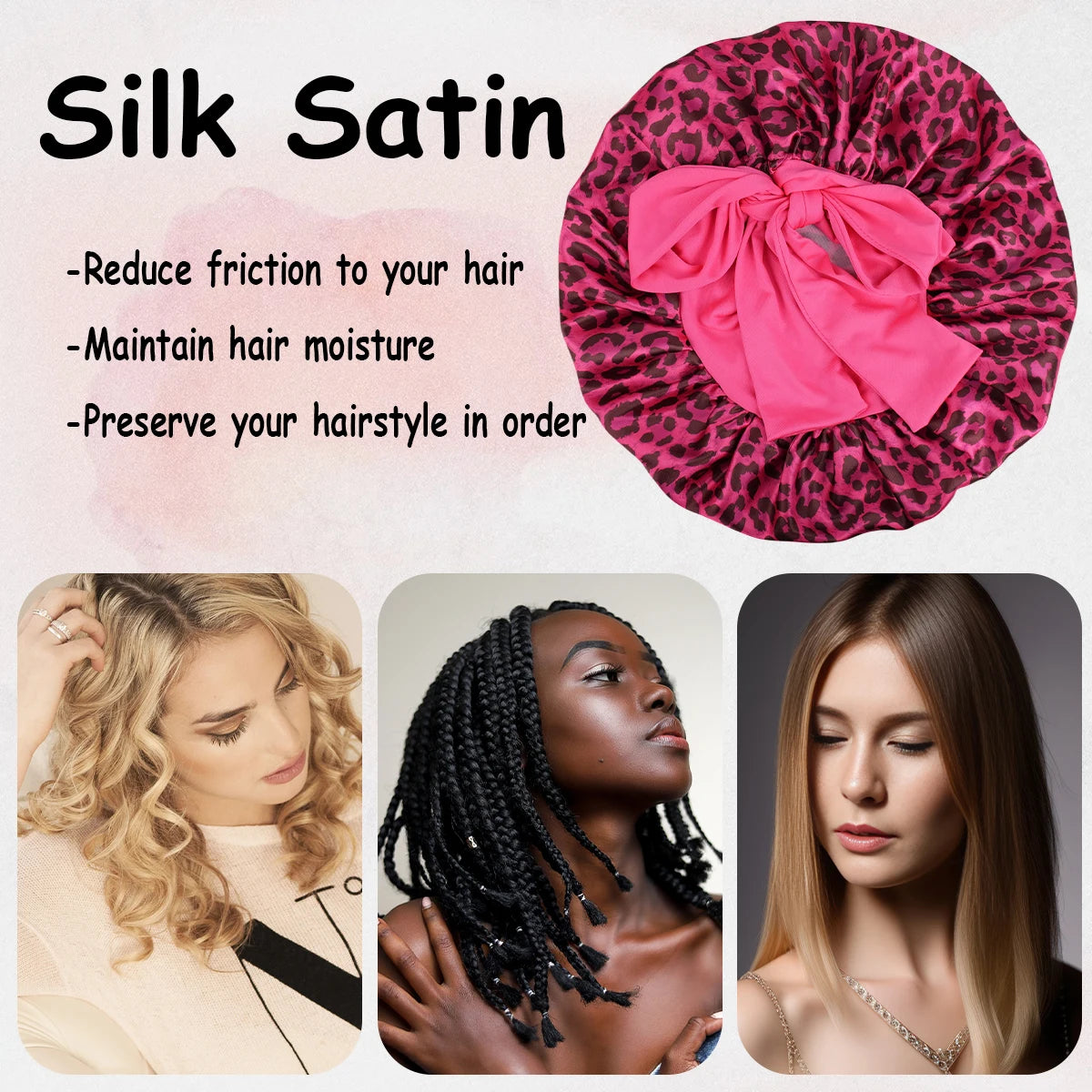 A pink leopard print satin sleep bonnet shown alongside models displaying various hairstyles.