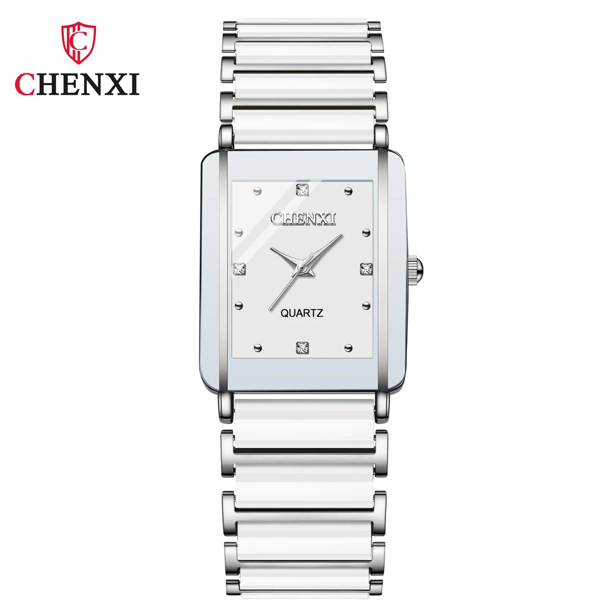 A silver-toned quartz watch with a metal bracelet and a square face is shown against a white background.