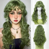 A woman wearing a long, wavy, light green wig with bangs and gold jewelry.