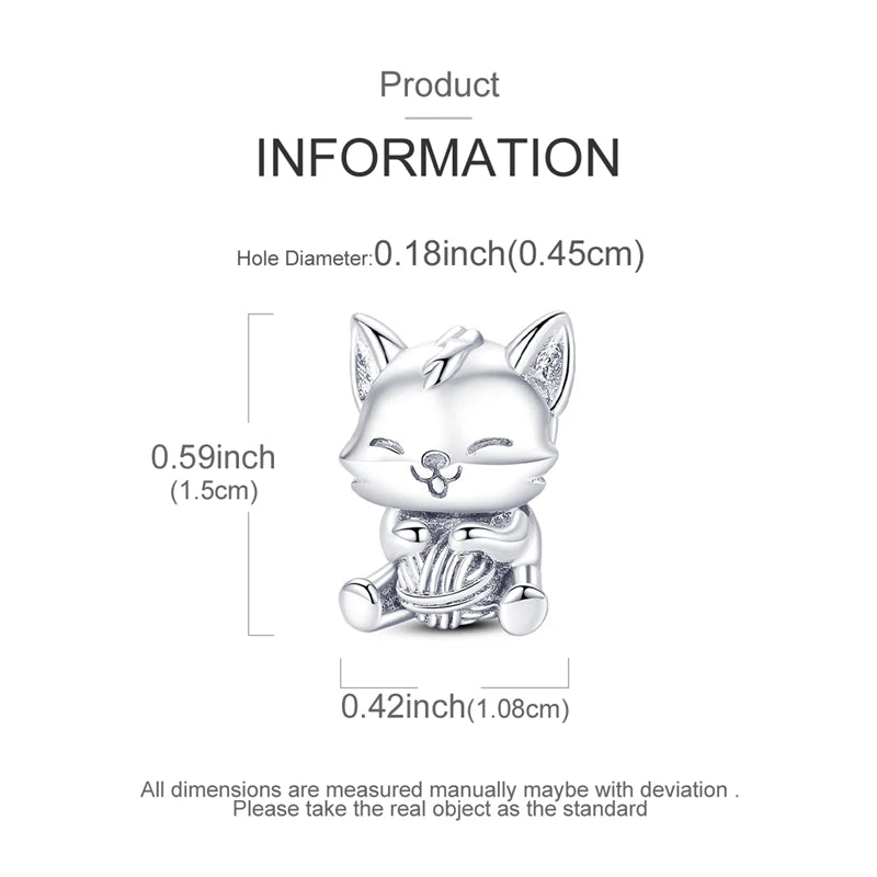 A sterling silver cat charm is shown with a hole diameter of 0.18 inches and a size of 0.59 inches.