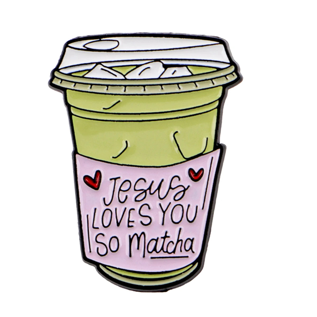 Insignia de esmalte con forma de taza verde y texto rosa que dice Jesús te ama matcha