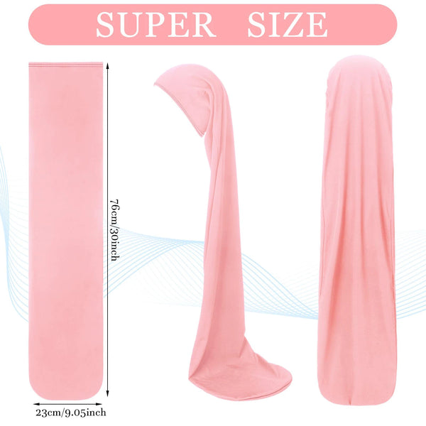 Pink super size soft knit hair wrap for sleeping and protection shown in various forms