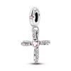 A sterling silver cross charm bracelet featuring a devil's eye motif and pink gemstones.
