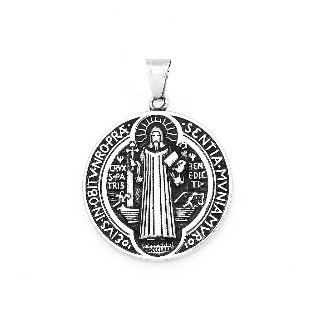 Vintage stainless steel pendant necklace featuring a Saint Benedict exorcism design.