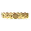 A row of vintage PU disc belts with metal buckles, featuring gold-toned discs and a central decorative piece.