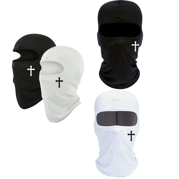 A set of full face sports and winter balaclava masks in black and white.