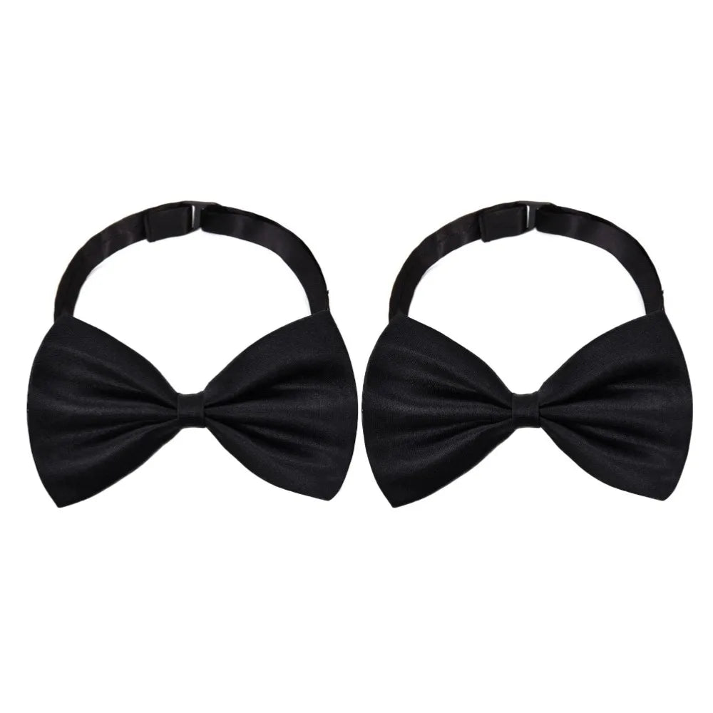 A pair of classic black knit bow ties for men displayed against a white background.