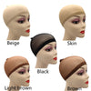A collection of five stretch mesh wig nets or caps in various shades including beige, skin, black, light brown, and brown.