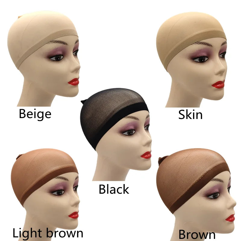 A collection of five stretch mesh wig nets or caps in various shades including beige, skin, black, light brown, and brown.