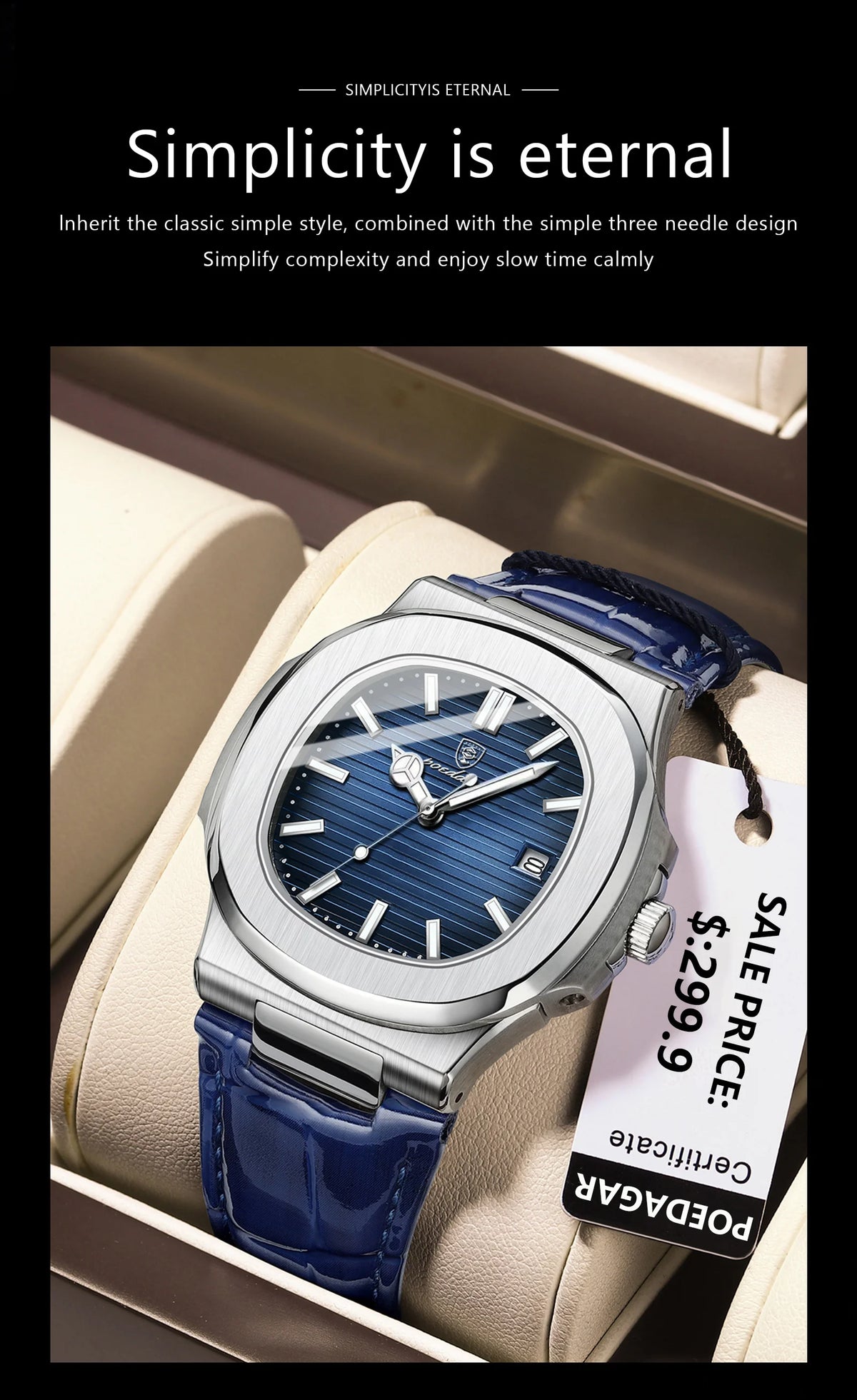 A close-up of a blue leather strap watch with a silver case and blue dial displayed in a light-colored box.