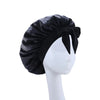 Black satin wide-brimmed hair wrap headscarf displayed on a mannequin.