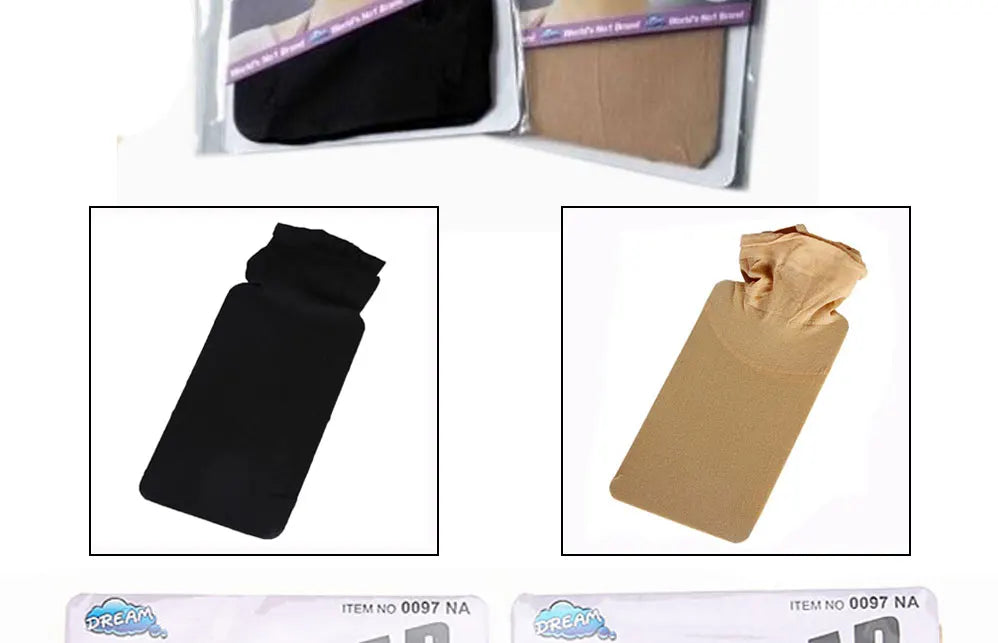 A pair of black and tan stretchable mesh hair nets shown in packaging and individual views.